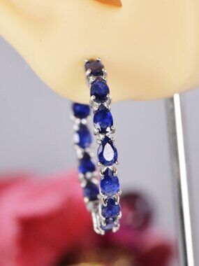 Natural Genuine Blue Sapphire Inside Out Hoop Earrings 925 Sterling Silver